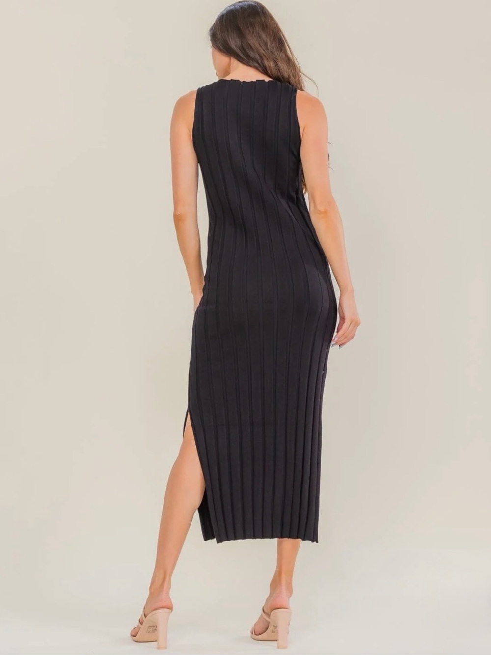 All:Row Sleeveless Ribbed Bodycon Black Maxi Dress with Side Slit - Picture 3 of 4